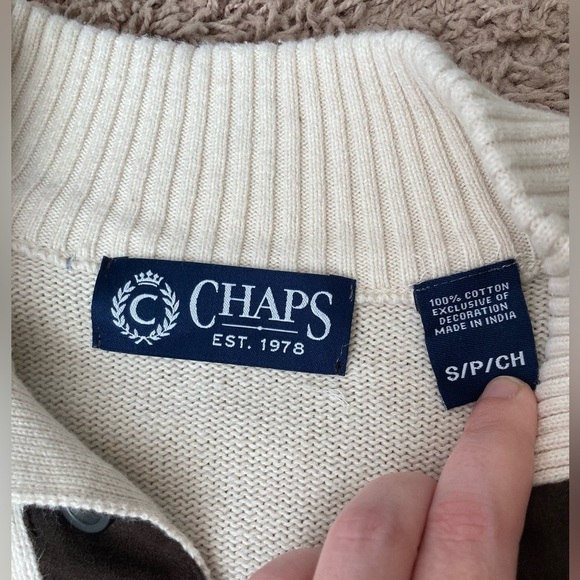 Chaps Cream Sweater 1/4 Button Up with Brown Elbow Patches Men's Small - Picture 3 of 10